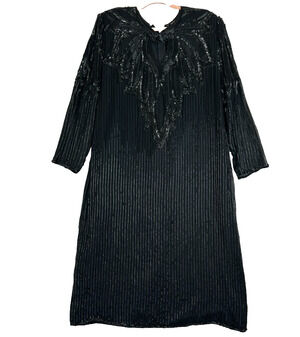 Right Choice Vintage 80's Black Beaded Pure Silk Long Sleeve Dress Sz 1X